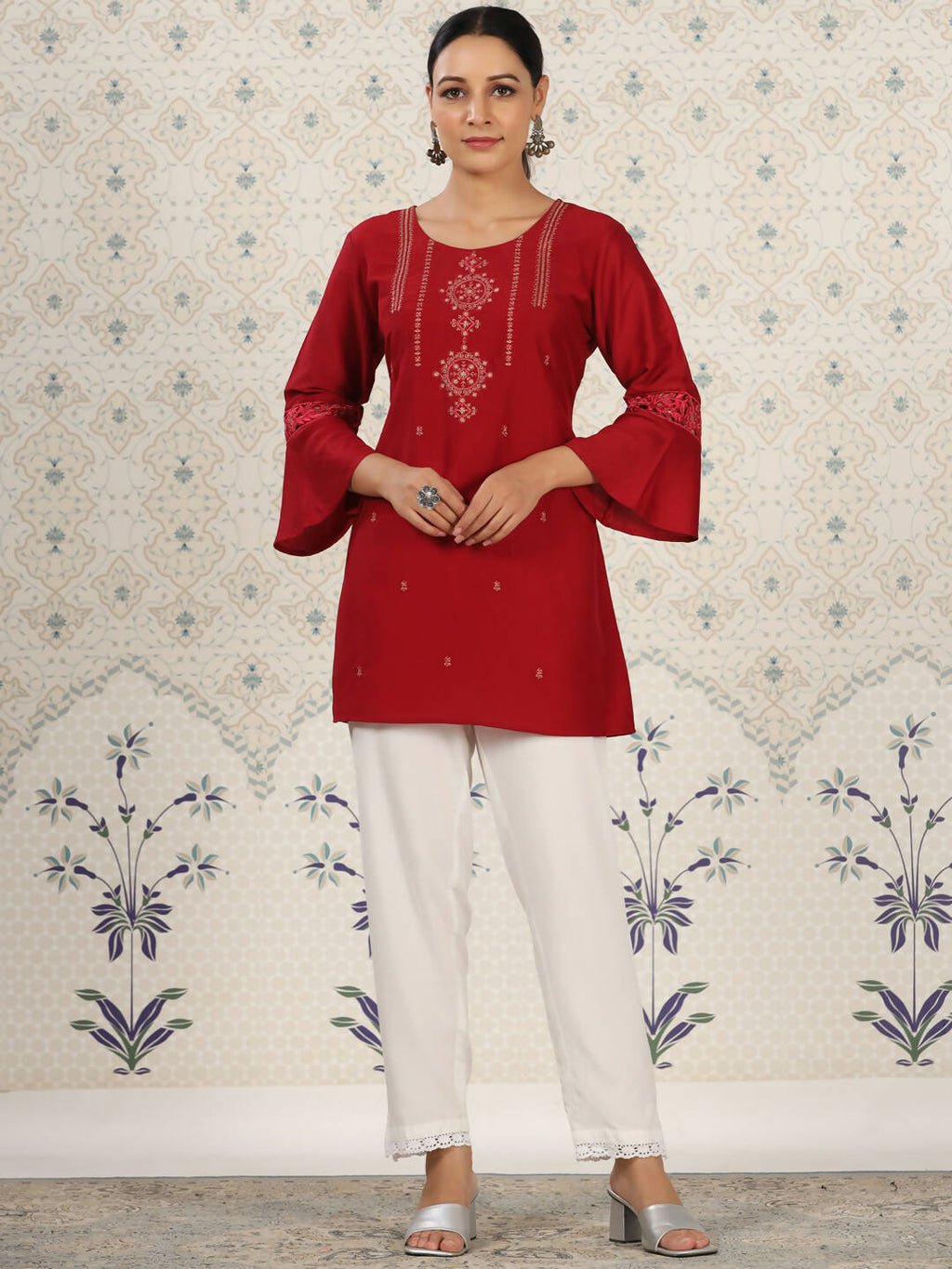 Red Chinon Embroidered Straight Top - Zeny