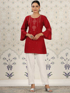 Red Chinon Embroidered Straight Top - Zeny