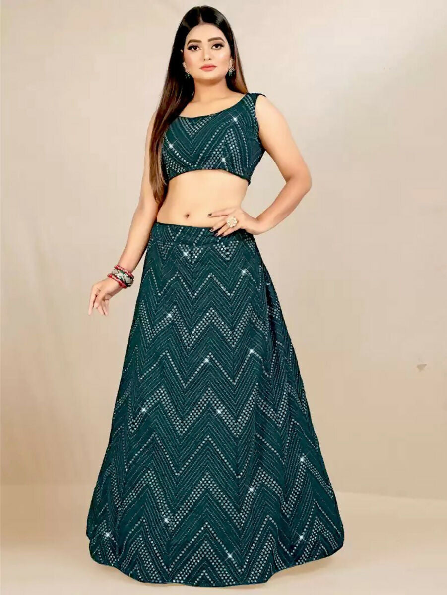 Jyoti Fashion Classy Bottle Green Georgette 3MM Sequins with Thread Embroidery Lehenga Choli with Dupatta
