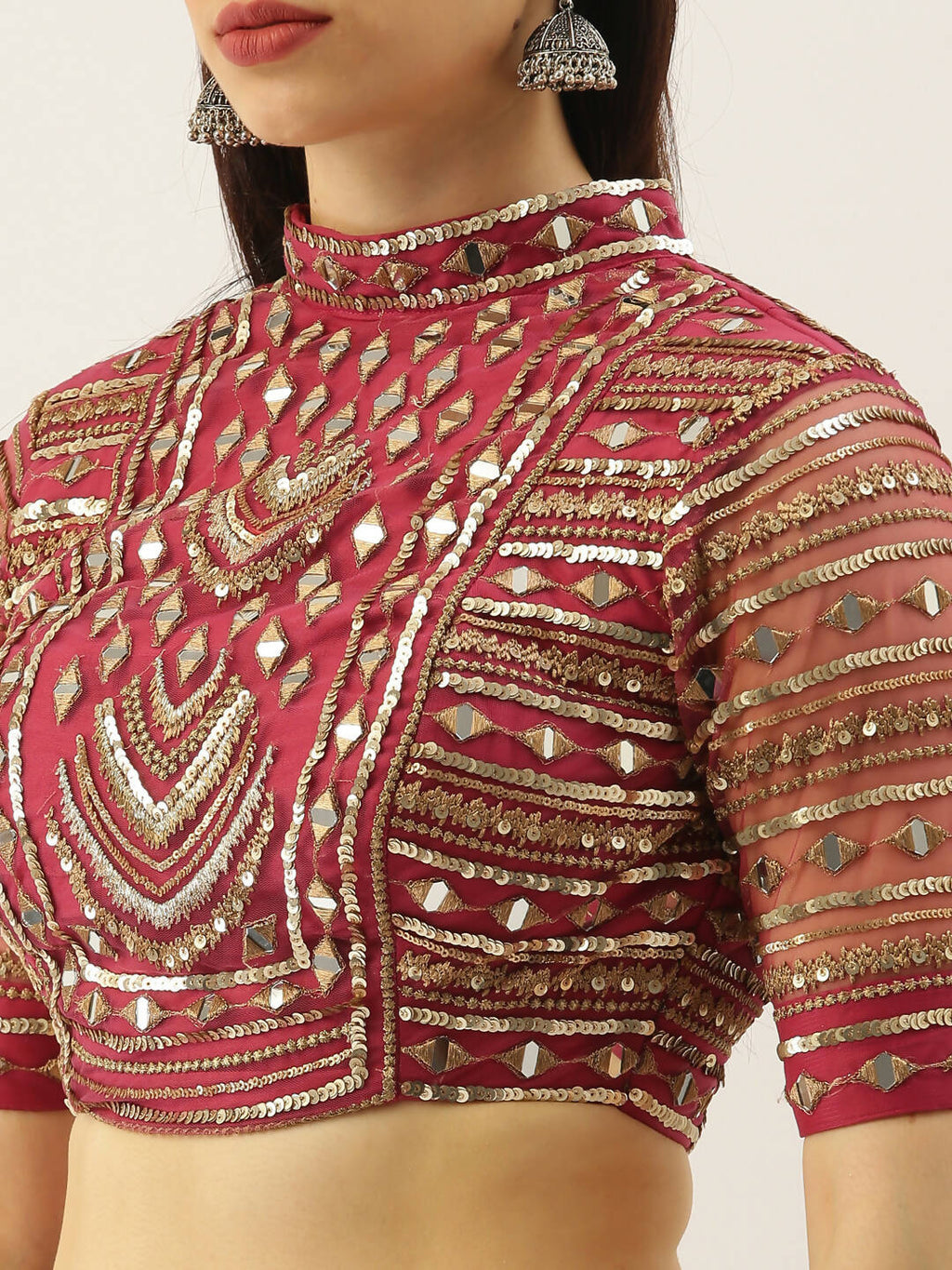 House of Panchhi Women Rosegold Net Embroidered Mirror Lehenga & Blouse with Dupatta