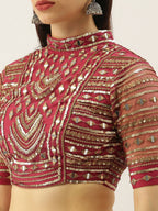 House of Panchhi Women Rosegold Net Embroidered Mirror Lehenga & Blouse with Dupatta