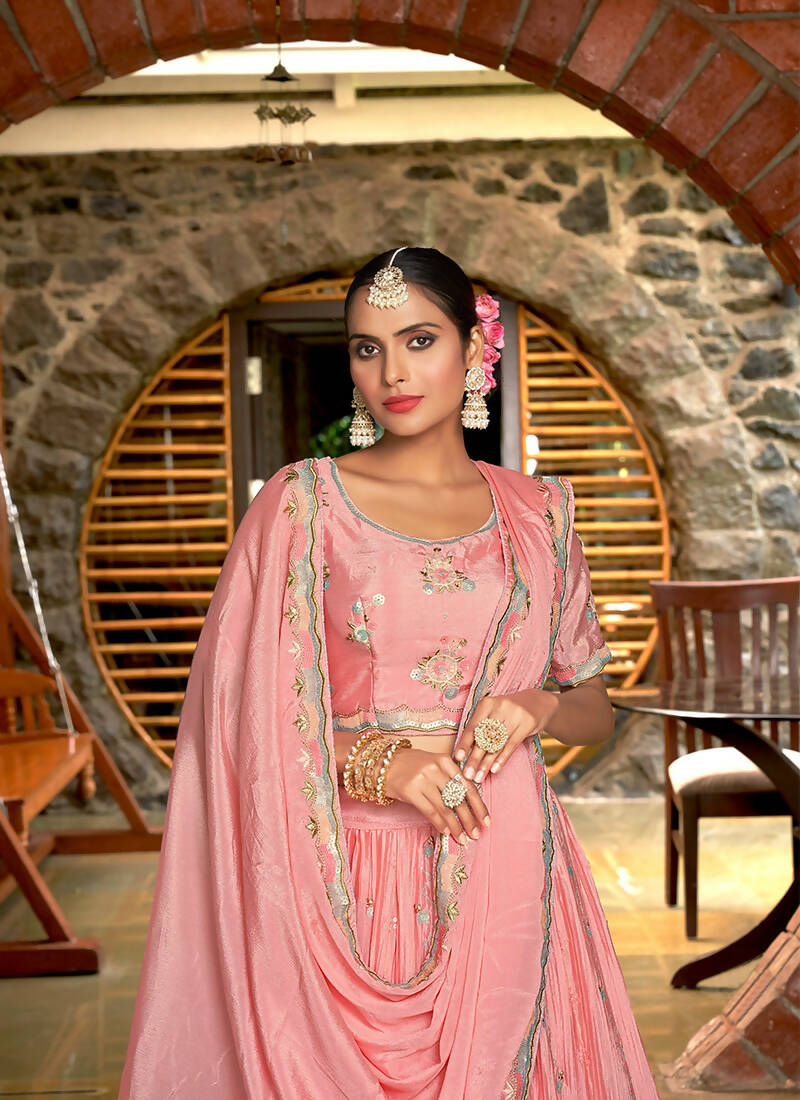 Pink Chinon Crushed Sequence and Thread Embroidery Work Lehenga Choli with Dupatta - Viharini