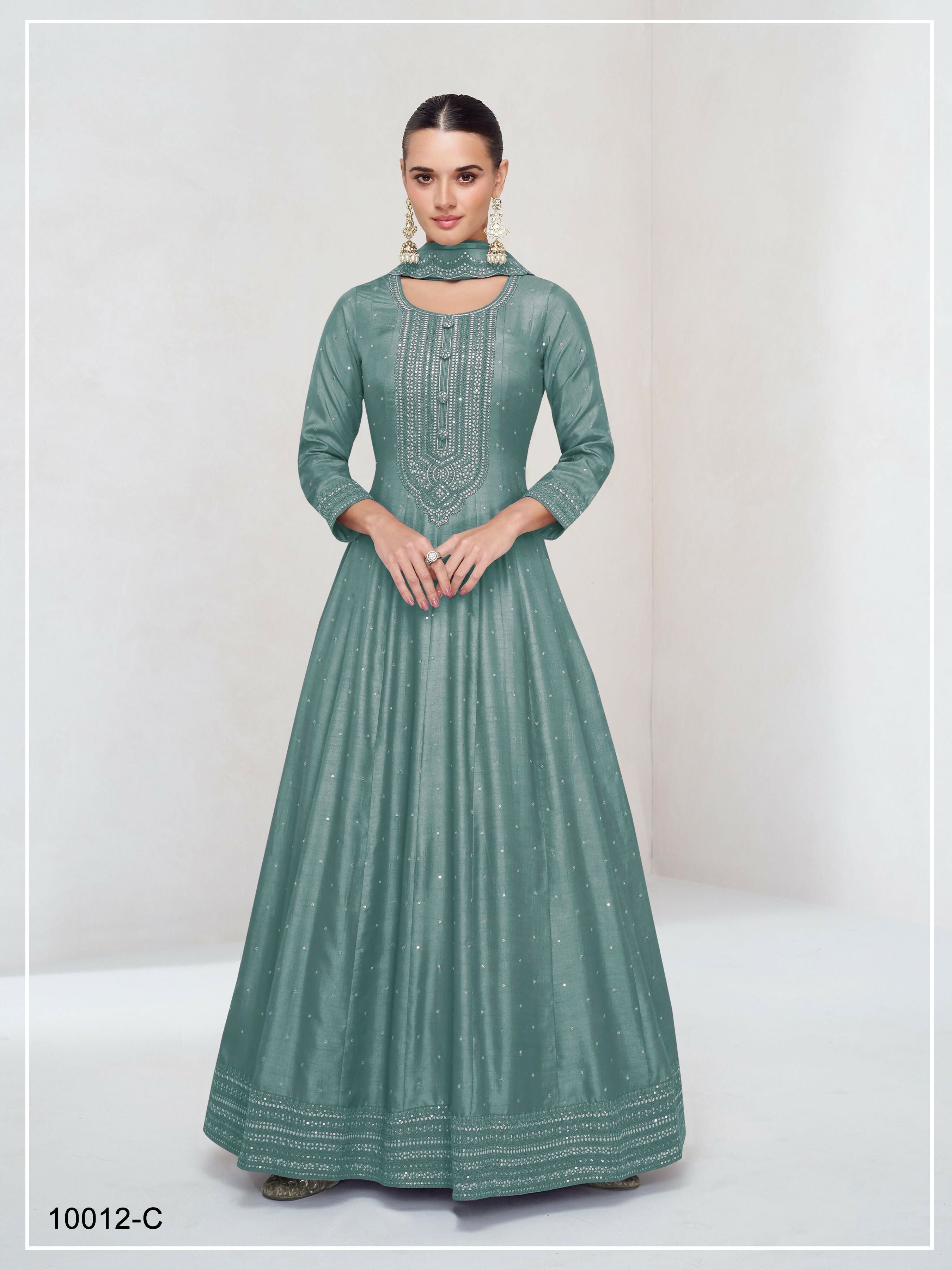Teeya Creation Teal Color Heavy Vichitra Silk Embroidery Work Long Gown