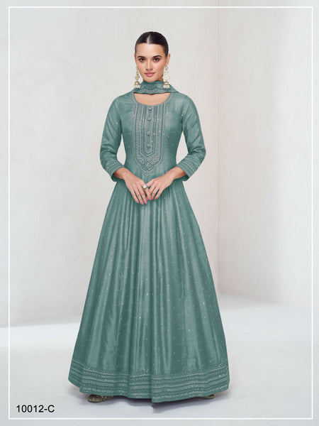 Teeya Creation Teal Color Heavy Vichitra Silk Embroidery Work Long Gown