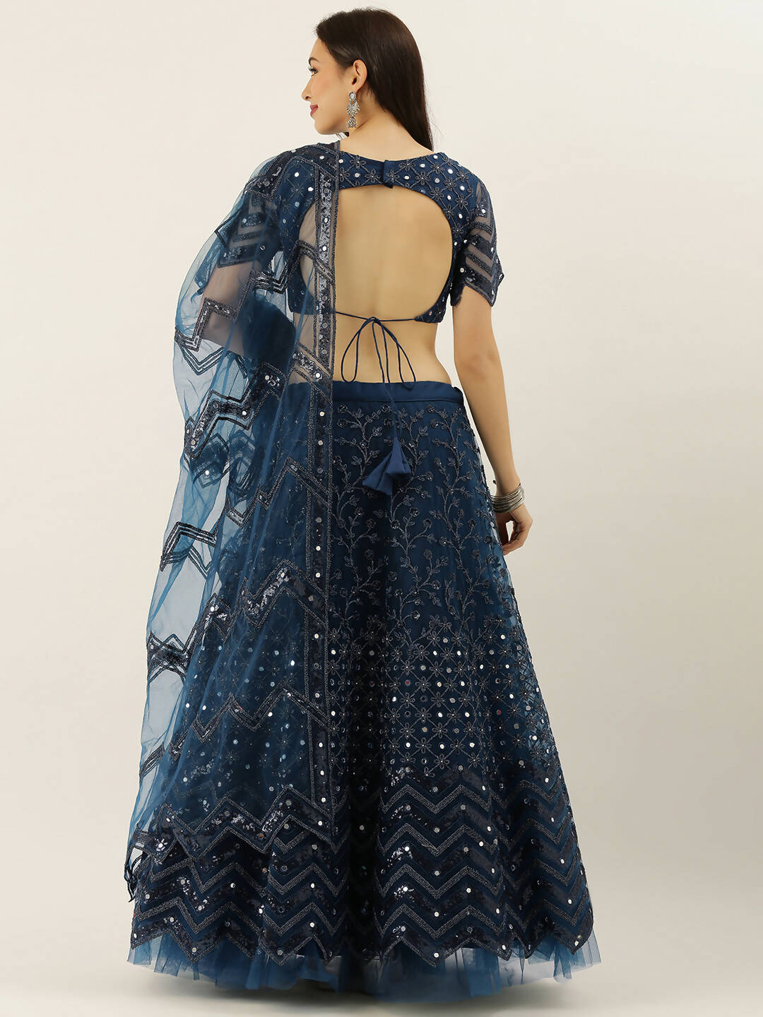 House of Panchhi Navy Blue Net Semi Stitched Coding, Sequins and Mirror work Lehenga Choli