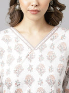 FIORRA Women's White Cotton A-Line Kurta Palazzo Set