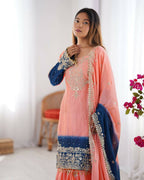 The52 Women's Beautiful Chinon silk Fabric Embroidery Work Straight Kurta Palazzo and Dupatta Set - Distacart