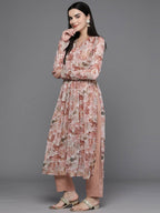 Ahalyaa Women Floral Printed Pleated Gotta Patti Kurta with Trousers - Brown Color