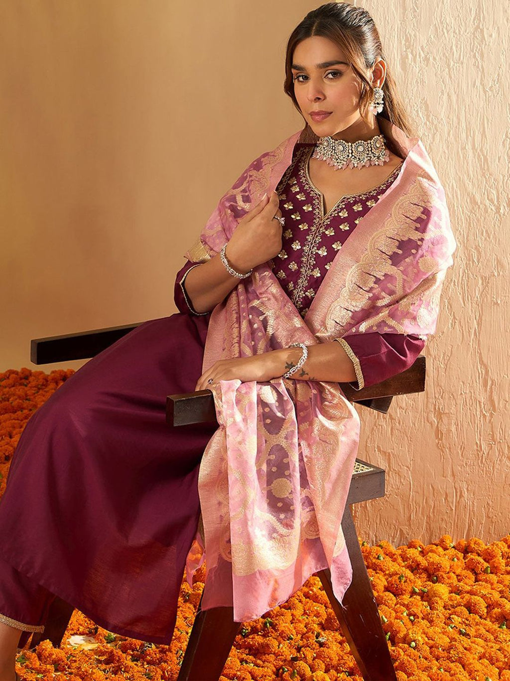Indo Era Ethnic Motifs Yoke Design Straight Gotta Patti Liva Kurta with Trousers & Dupatta - Distacart