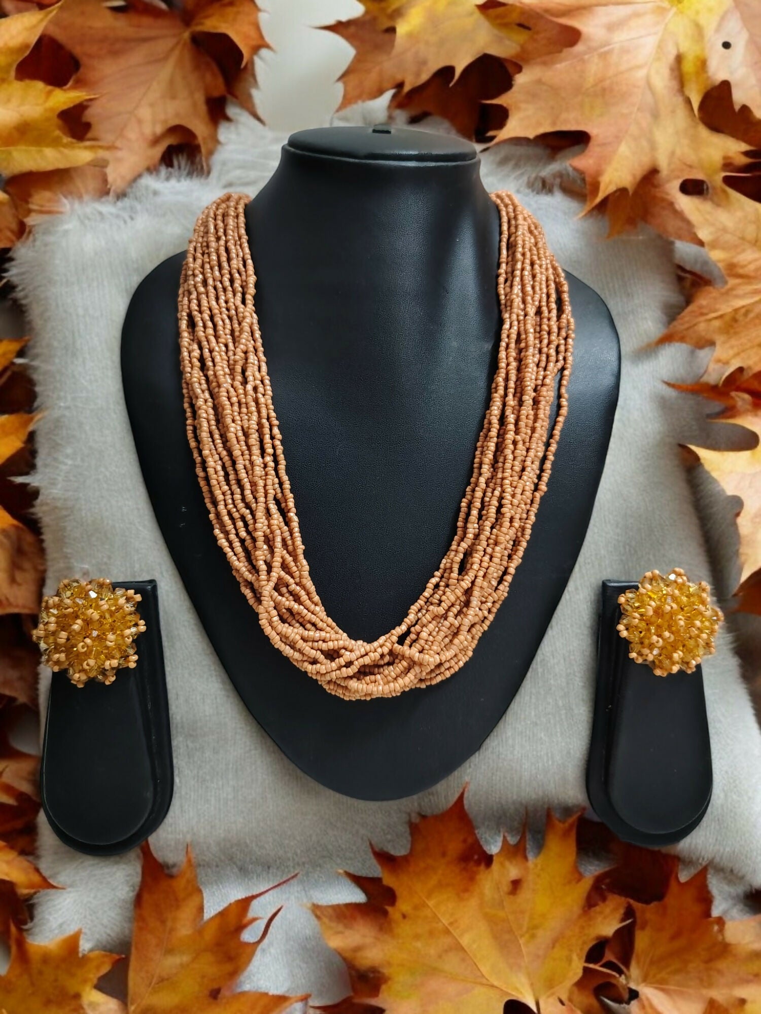 Inhanns Vibrant Handmade 20 Layers Beaded Necklace With Matching Earrings - Sandalwood