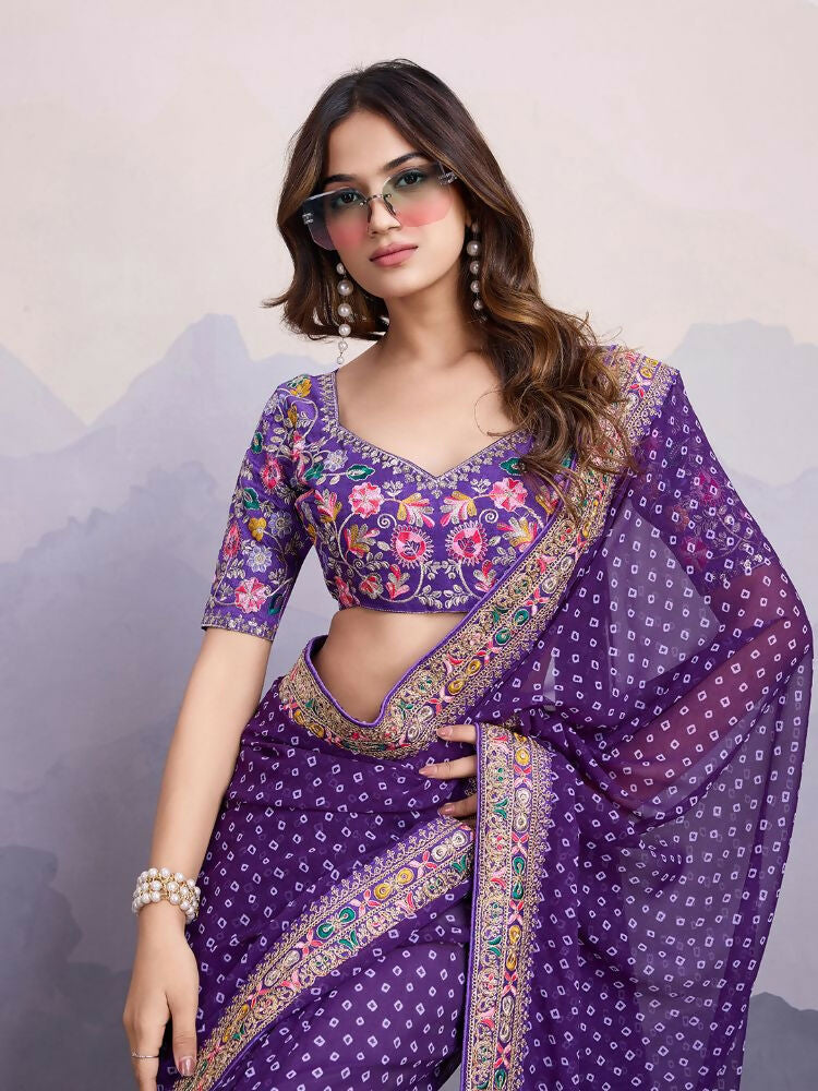 Purple Georgette Bandhani Printed,Embroidery Work Saree - Surkhi