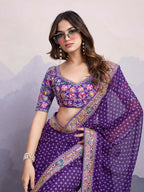 Purple Georgette Bandhani Printed,Embroidery Work Saree - Surkhi