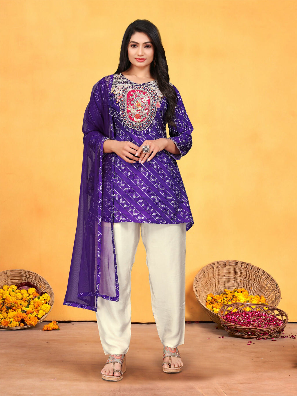 Joban Fashion Purple Cotton Premium Pure Viscose Print Dola With Handwork Kurta set