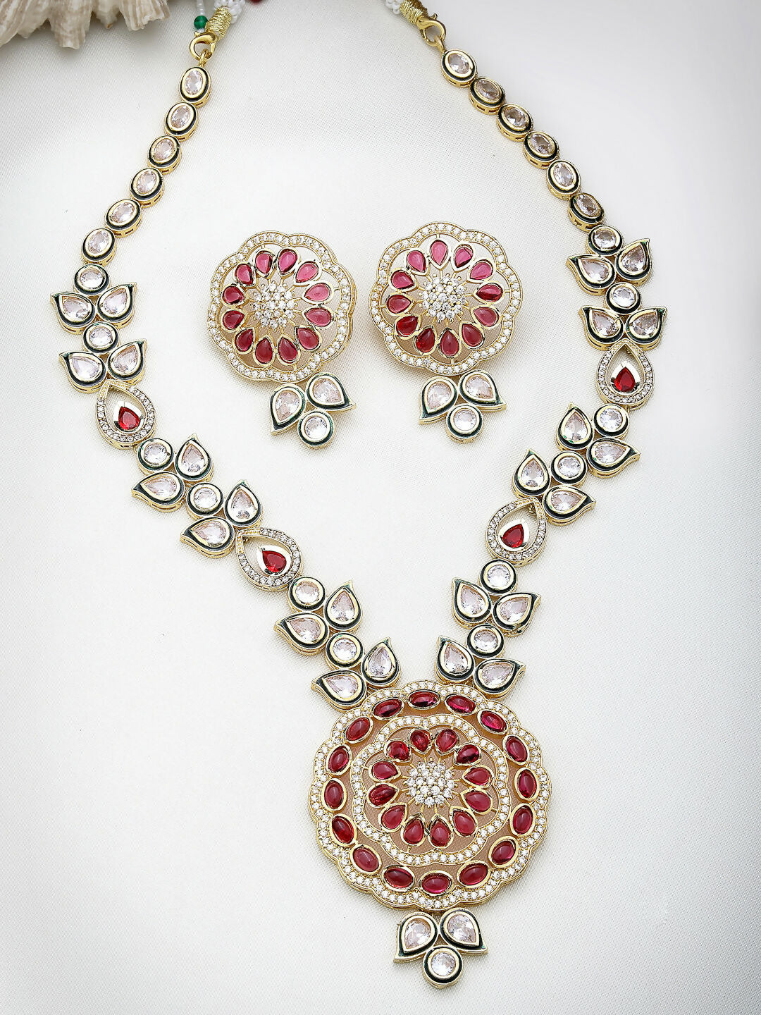 NVR Women's Red & Gold Kundan Studded Handcrafted Jewellery Set