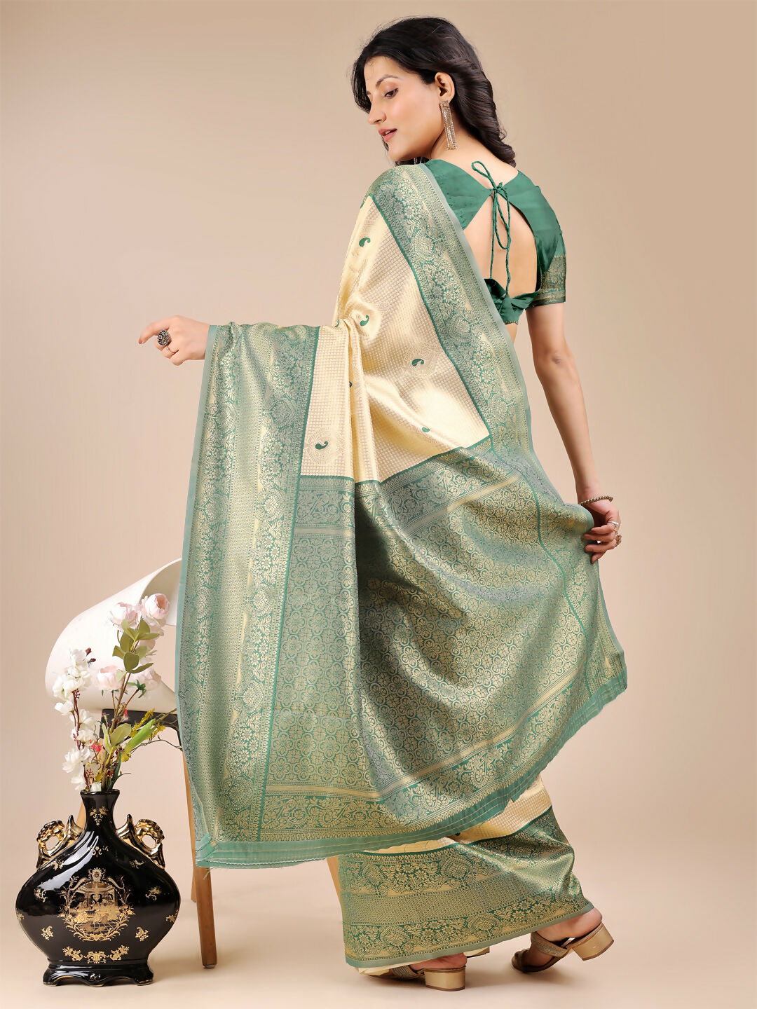 Shree Shyam Fashion Aura Silk Cream Green Banarasi Silk Saree