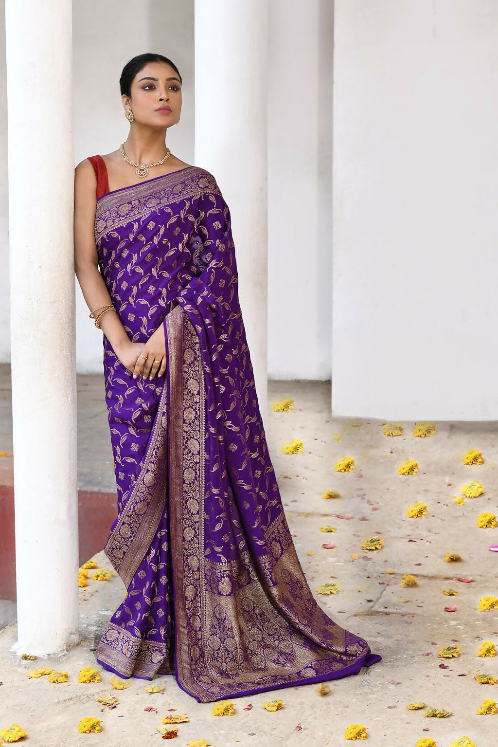 Joban Fashion Purple Crepe Chiffon Pure Handloom Banarasi Silk Saree