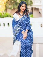 Zibaa Hand-Blocked Pure Mul Cotton Indigo Saree - Distacart