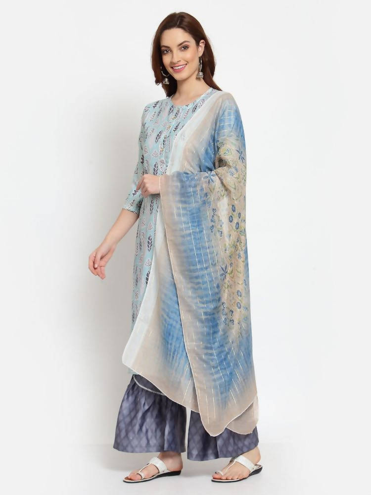 Myshka Women's Multi Printed Cotton Blend 3/4 Sleeve Round Neck Casual Kurta Palazzo Dupatta Set