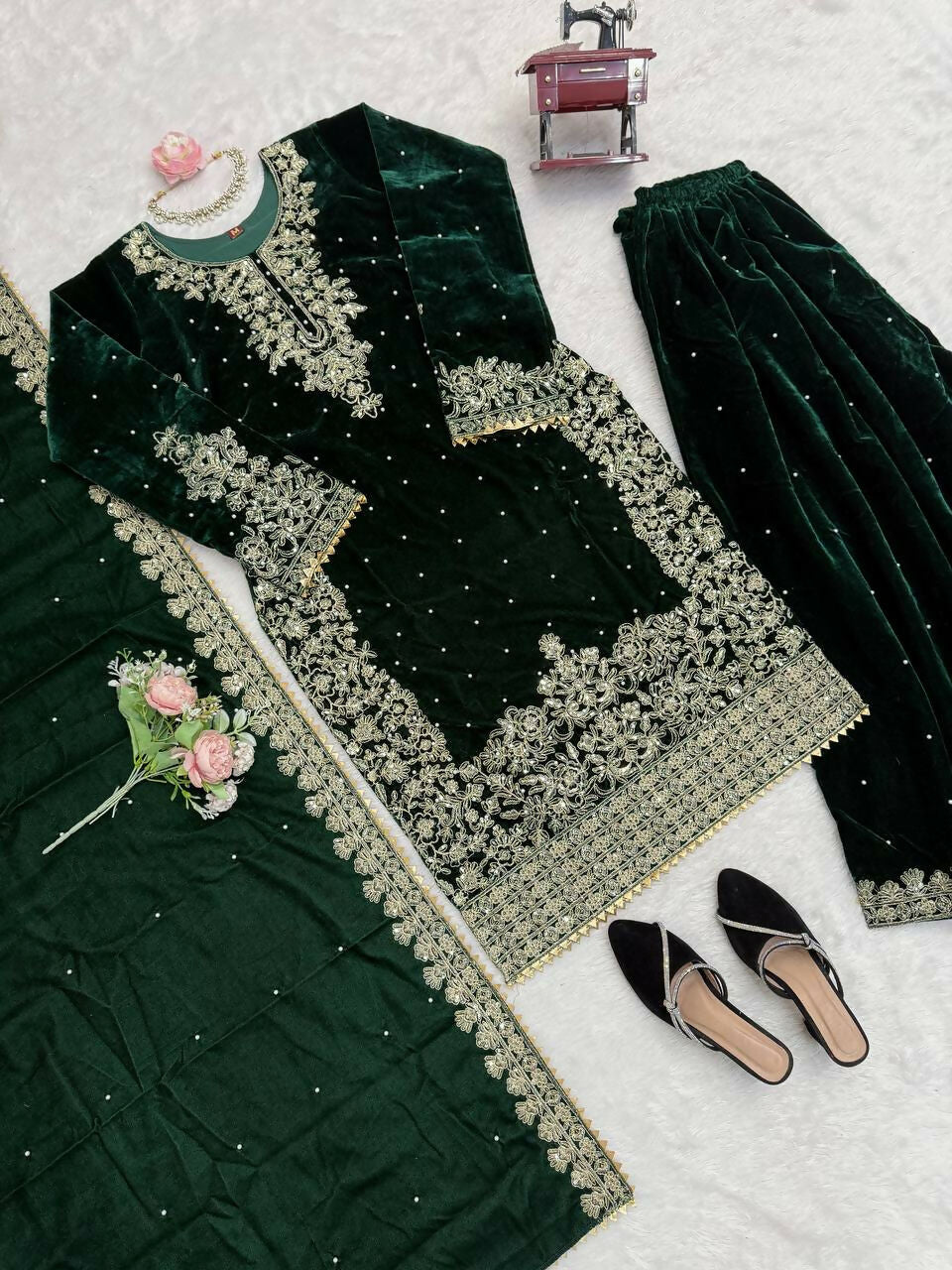Vastranavya Green Viscose Velvet Cording Sequence With Moti Work Top-Bottom With Dupatta - Distacart