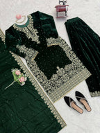 Vastranavya Green Viscose Velvet Cording Sequence With Moti Work Top-Bottom With Dupatta - Distacart