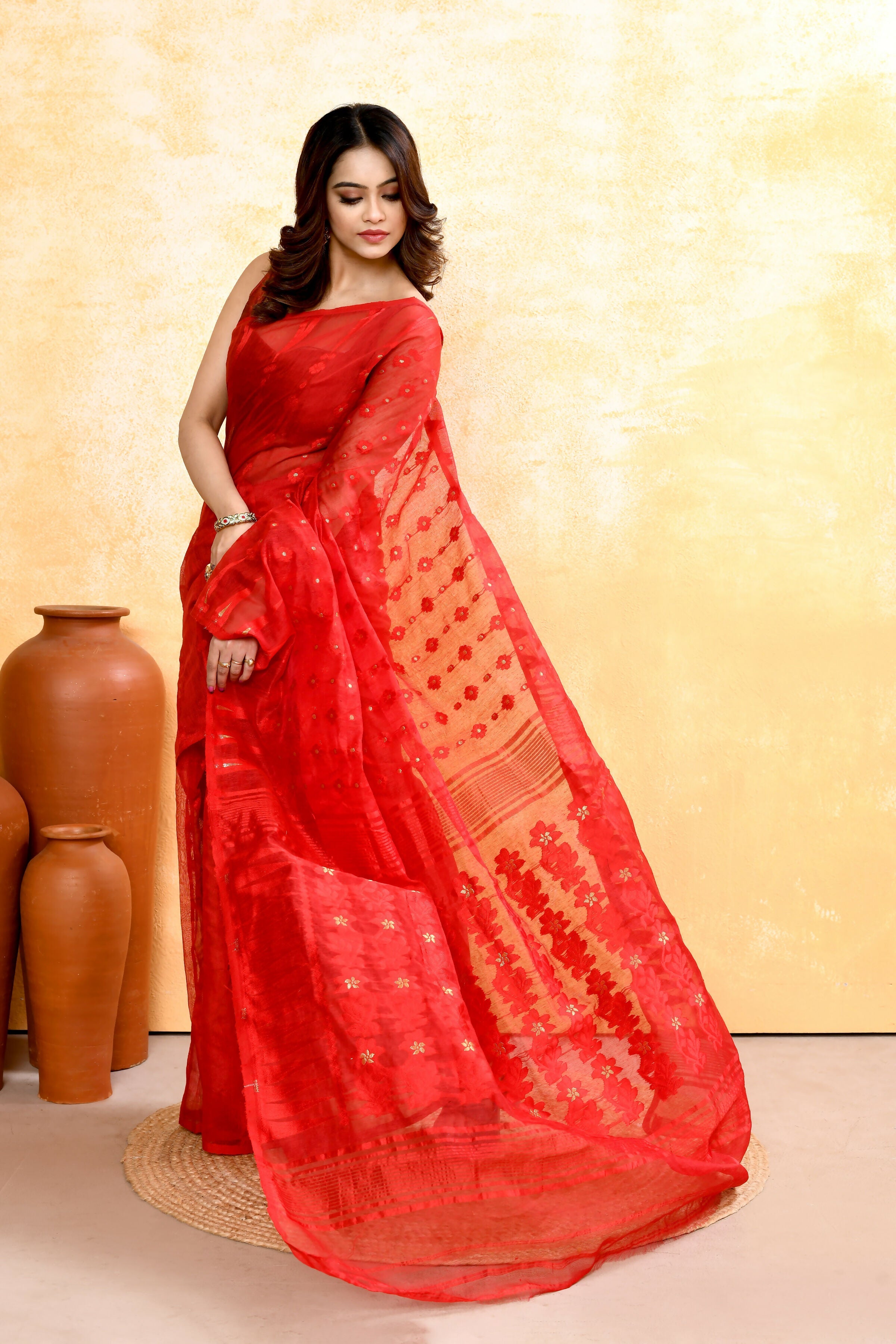Piyari Fashion Women's Red Embellished Cotton Blend Jamdani Saree - Distacart