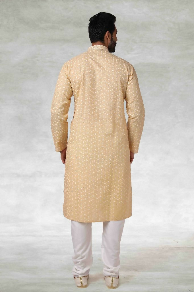 Raivat Ethnic Cotton Printed Work Kurta Pajama In Beige Colour
