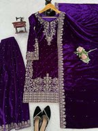 Vastranavya Purple Viscose Velvet Cording Sequence With Moti Work Top-Bottom With Dupatta - Distacart
