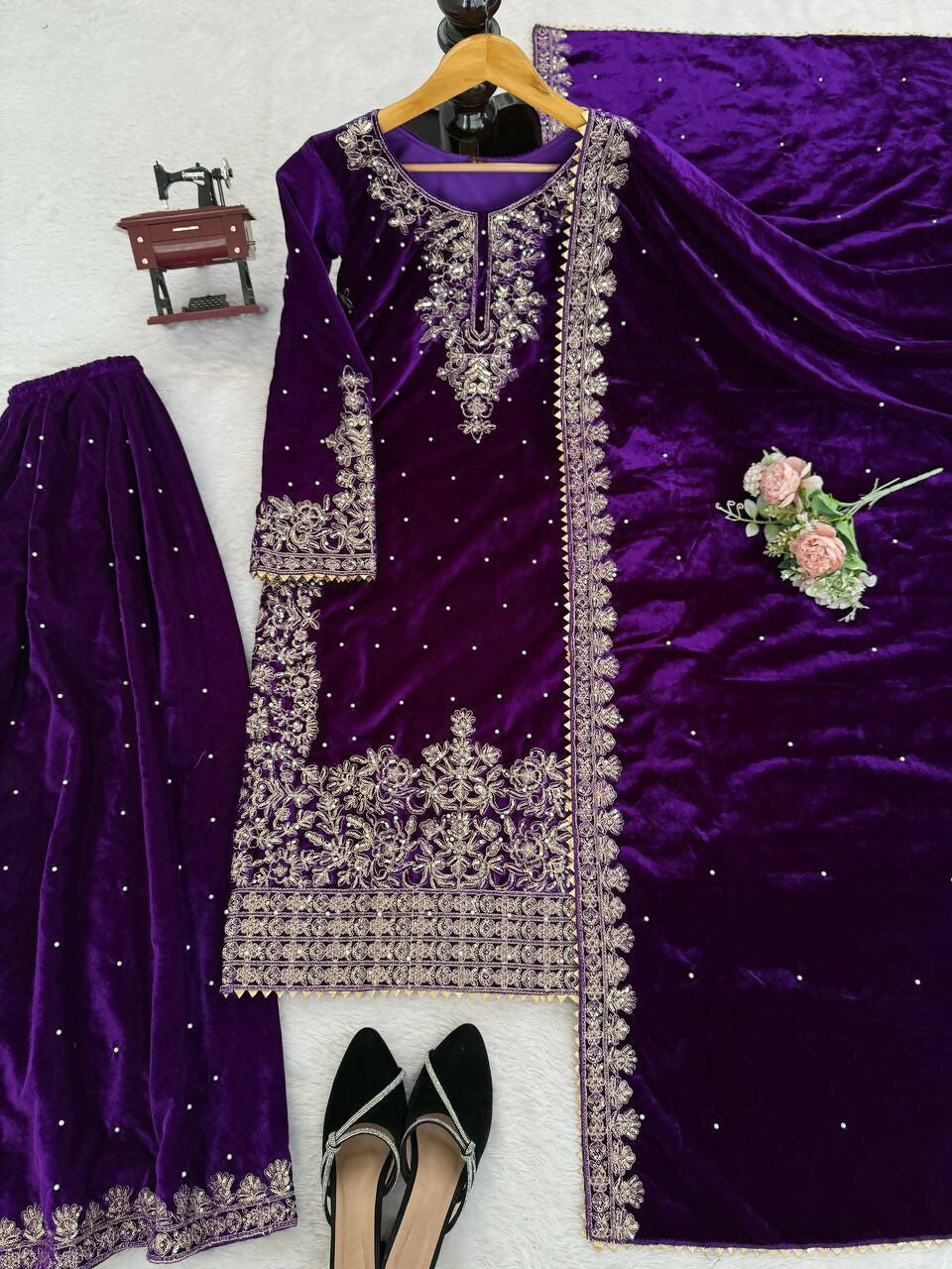 Vastranavya Purple Viscose Velvet Cording Sequence With Moti Work Top-Bottom With Dupatta - Distacart