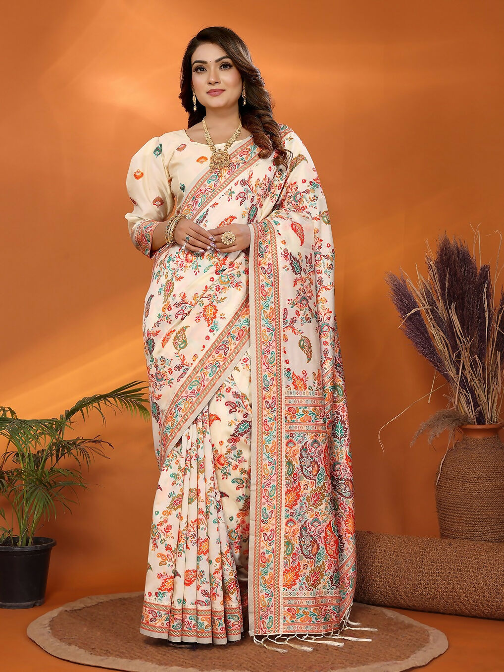 Joban Fashion Cream Meena Weaves Pashmina Sarees