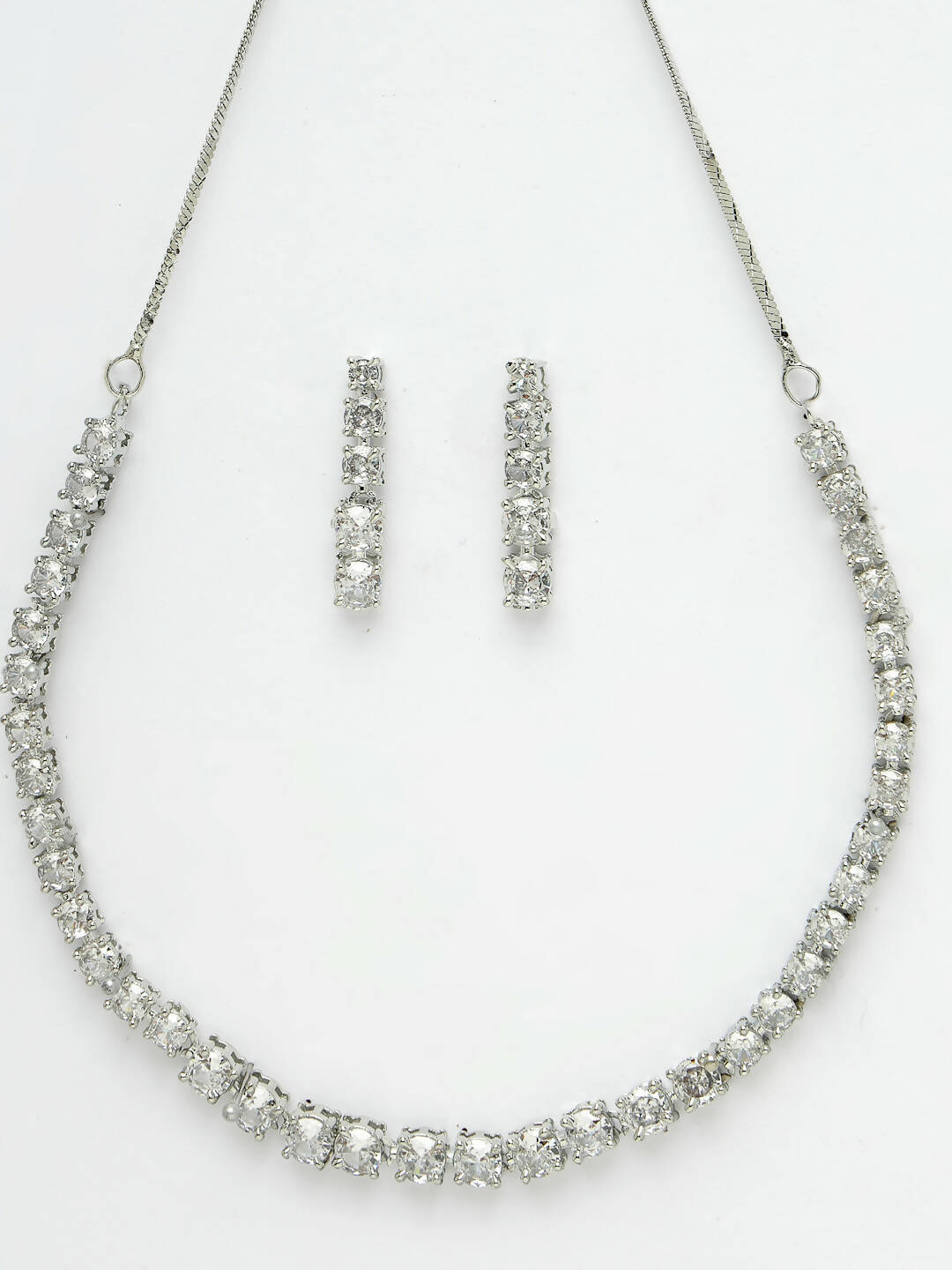 NVR Women Silver Plated Cz Stone Handcrafted Jewellery Set