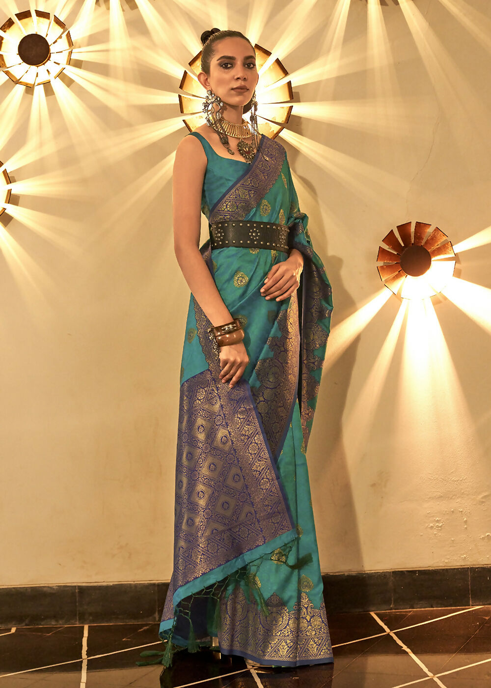 Trendy Weaving Silk Teal Green Designer Saree - Emponline