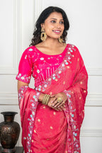 Morchari Pink Pure Chiffon Hand Embroidery Saree And Stitched Blouse - Distacart