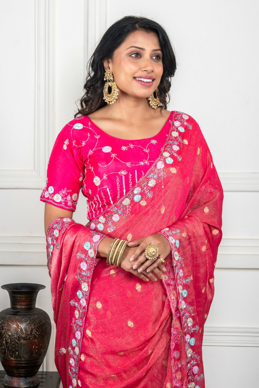 Morchari Pink Pure Chiffon Hand Embroidery Saree And Stitched Blouse - Distacart