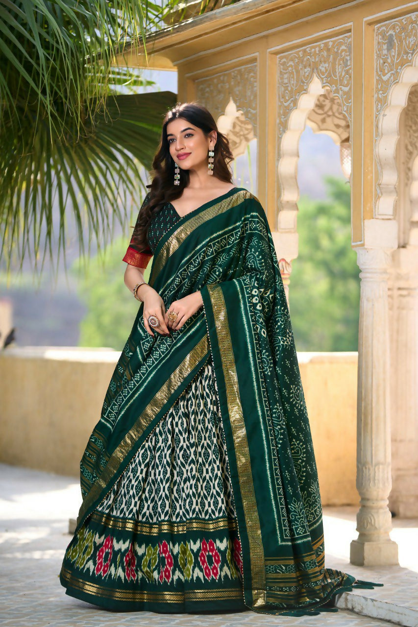 Vastranavya Designer Ikkat Print With Foil Work Lehenga Choli - Green