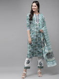 Yufta Green Hand Block Printed Kurta with Trouser and Dupatta