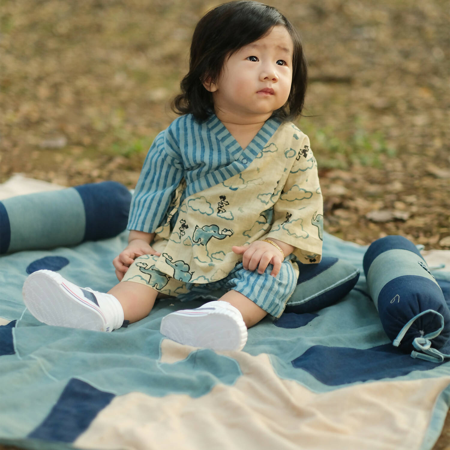 Mhyssa Blue And Beige V Neck Kimono Style Short Sleeve Printed T-shirt With Matching Shorts Set
