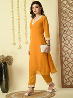 Myshka Women's Mustard Georgette Kurta With Trousers Party Sets