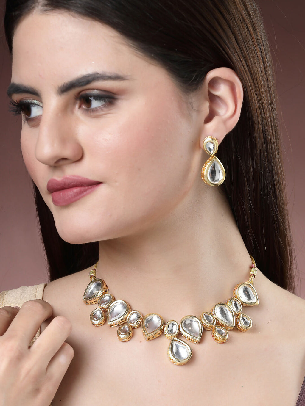 NVR Women's Gold Kundan-Studded Handcrafted Jewellery Set