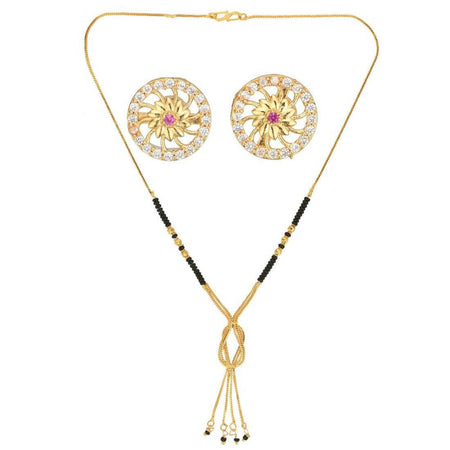 AanyaCentric Gold-Polished Short Mangalsutra Set with Earrings
