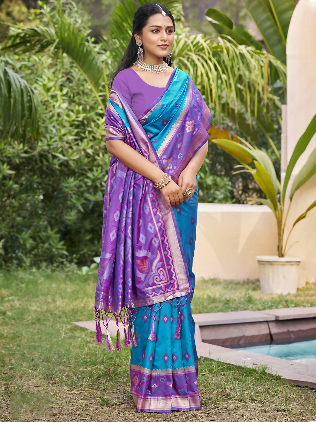 Shree Shyam Fashion Rama Blue Pochampally Silk Saree - Distacart