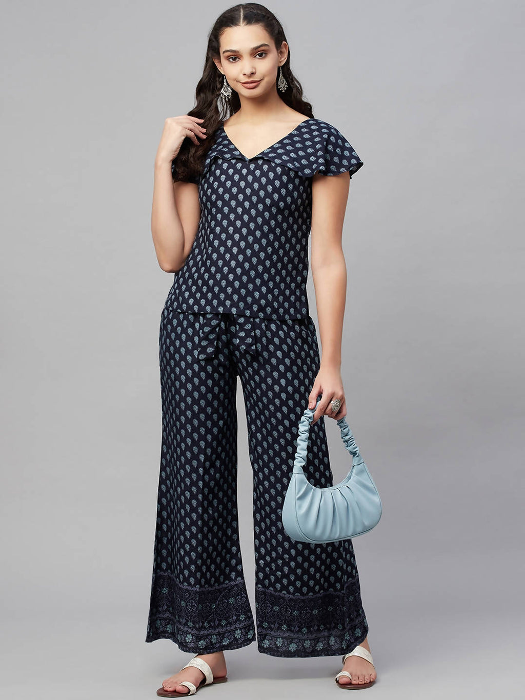 Myshka Women Blue Printed Top Palazzo Set - Distacart