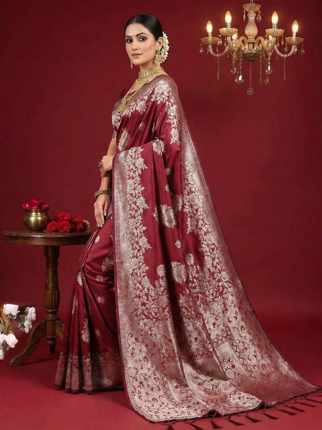 Shree Shyam Fashion Maroon Silk Blend Saree - Distacart