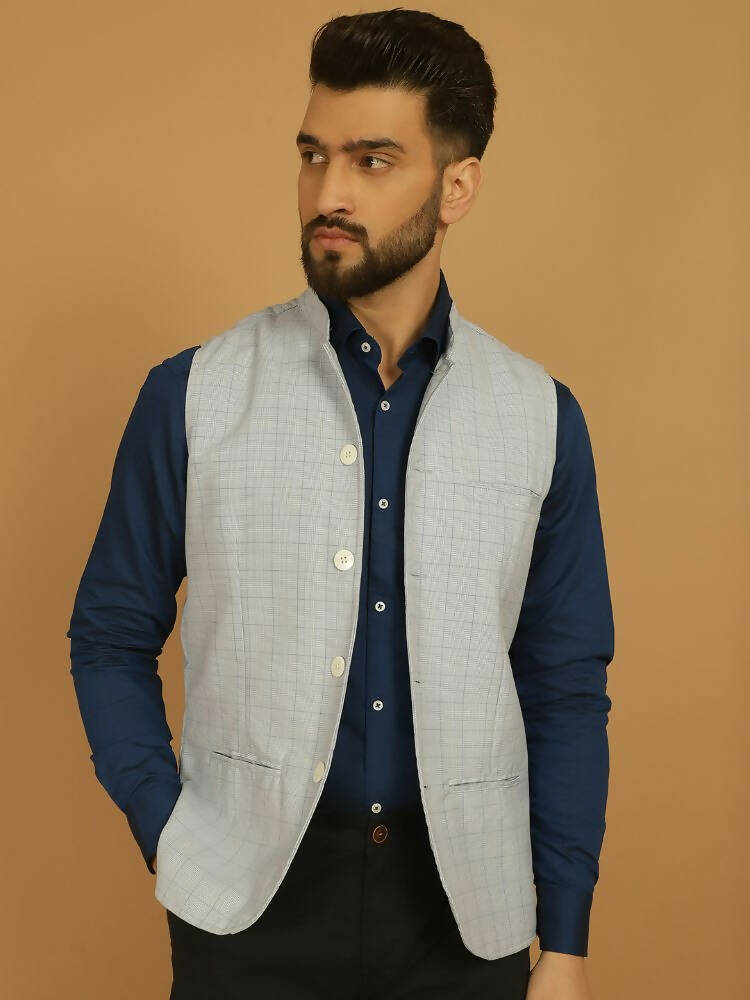 Even Apparels Nehru Jacket With Welt Pockets - Blue