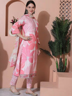 Jyoti Fashion Women's Pink Cotton Floral Digital Print & Floral Embroidered Cutwork Border Sequins Work Kurta with Trouser & Dupatta