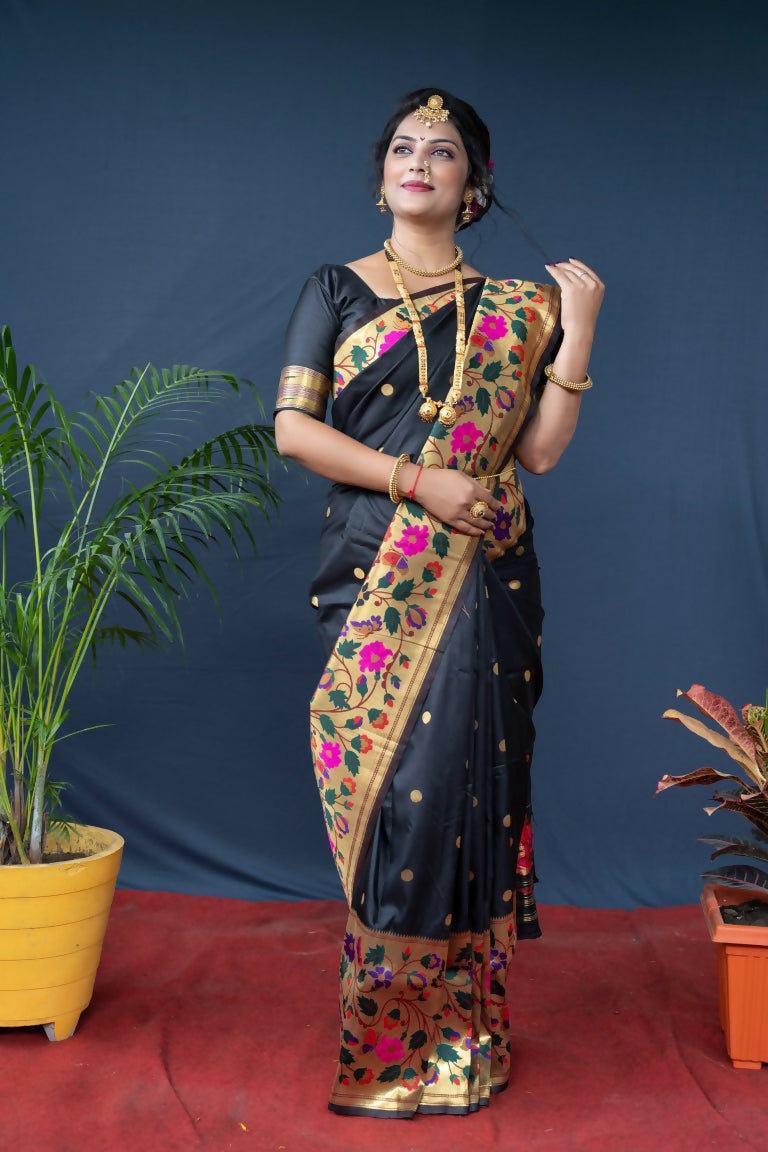 Jyoti Fashion Women's Black Paithani Silk Zari Woven Saree with Blouse