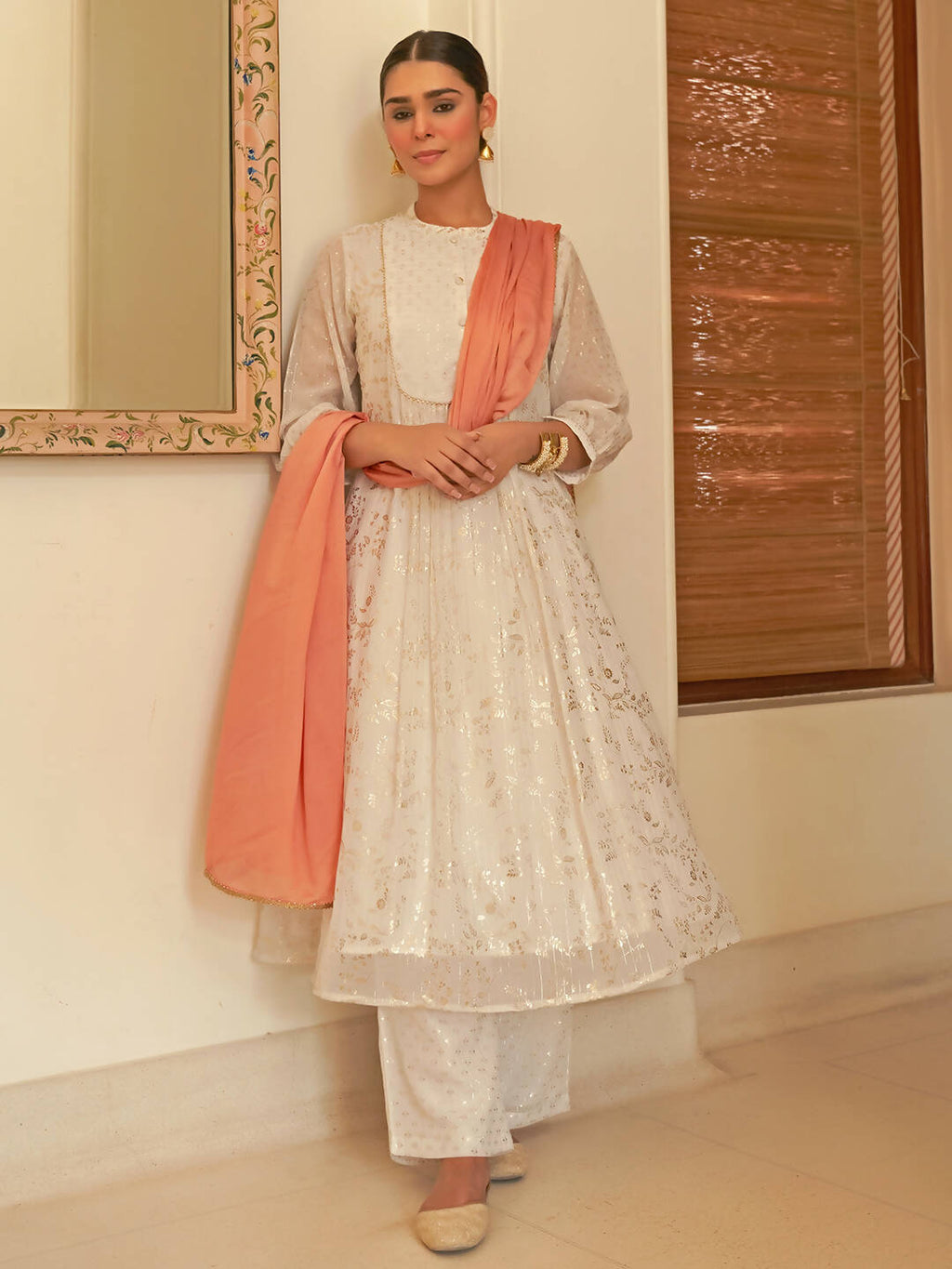 Janasya Women's White Chiffon Lurex Foil Printed Festive Flared Kurta Set