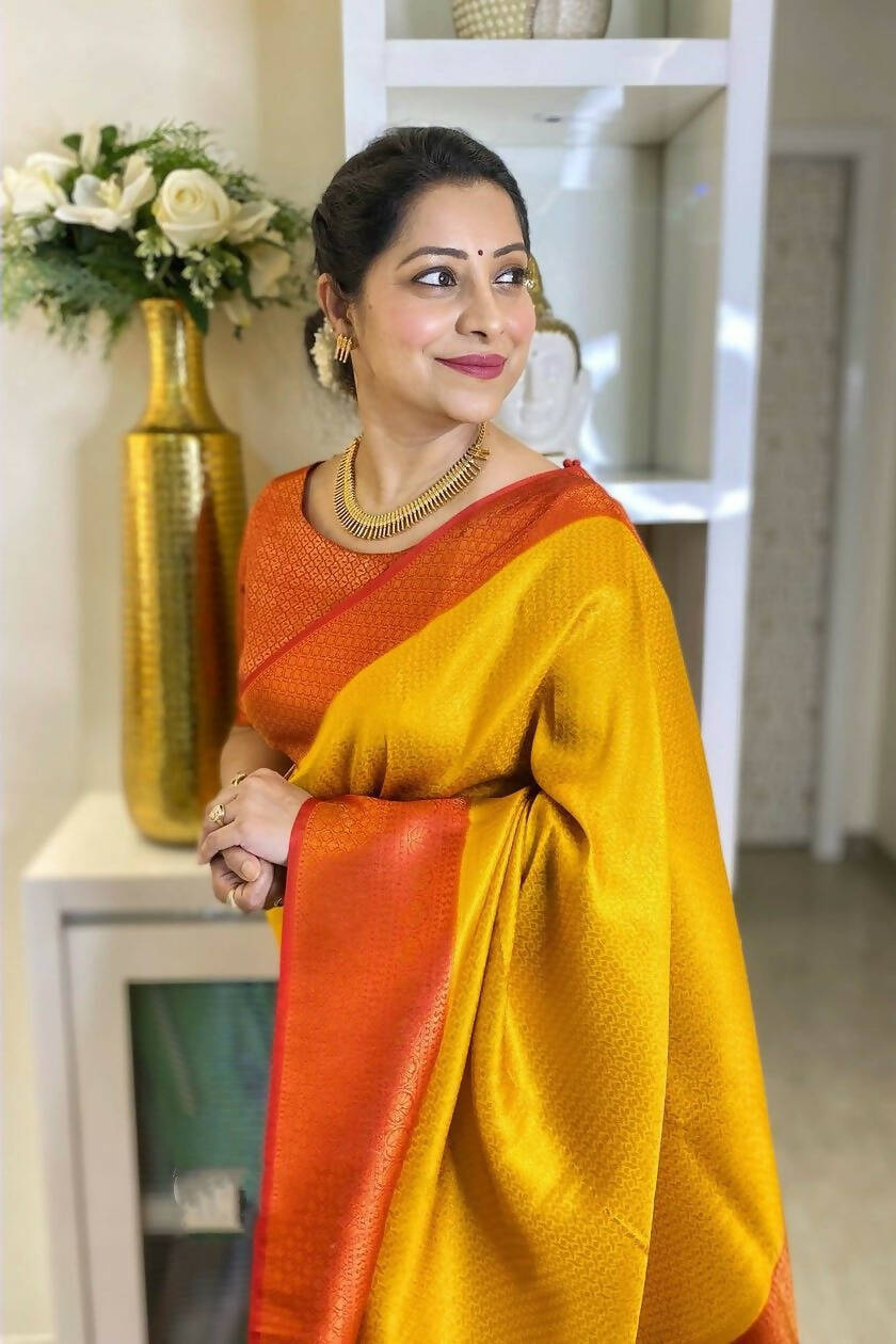 DEIANA'S Beautiful Designer Golden zari Soft Lichi Silk Saree - Yellow