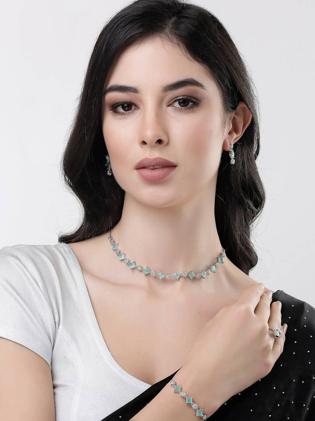 NVR Women Silver Plated & Blue Cz Stone Handcrafted Jewellery Set