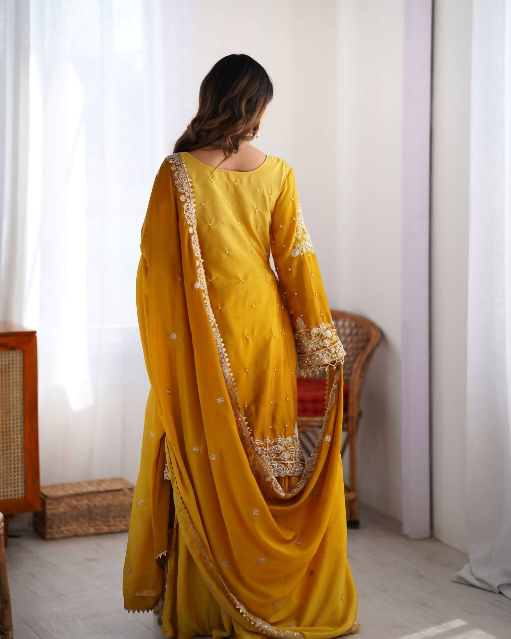 The52 Women's Beautiful Chinon silk Fabric Embroidery Work Straight Kurta Palazzo and Dupatta Set - Distacart