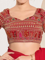 Joban Fashion Red Brocade Padded Blouse With Sweetheart Neck Elbow Sleeves - Distacart